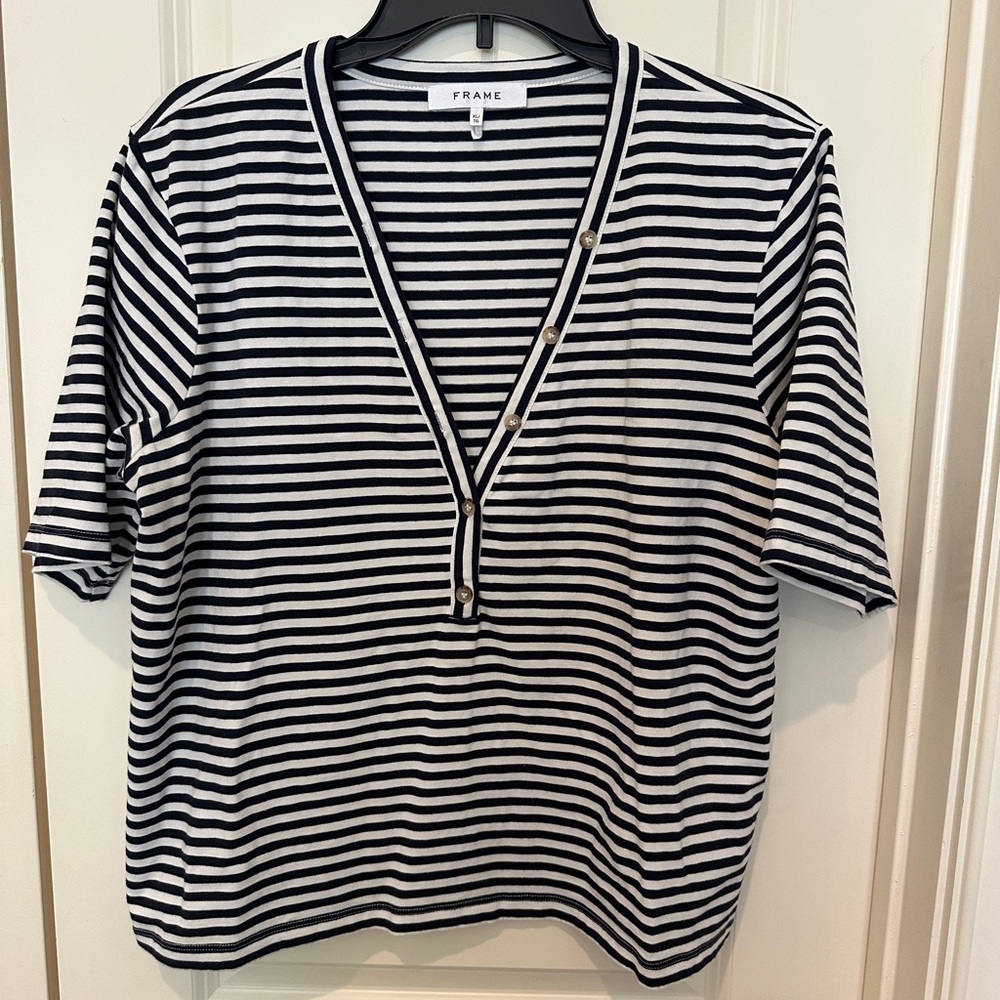 Frame Denim Navy & White Striped V-Neck Button Front Top